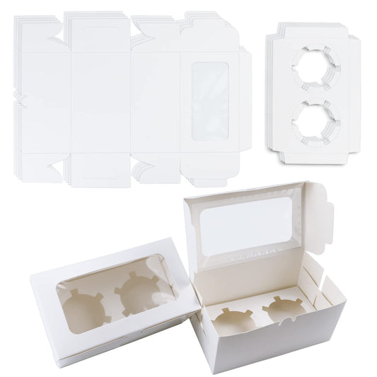 6 Pack White Paper Cupcake Boxes with 2 Cavity Cookie Gift Boxes with Clear Window 2 Treat Holder Cupcake Containers Bakery Cake Box