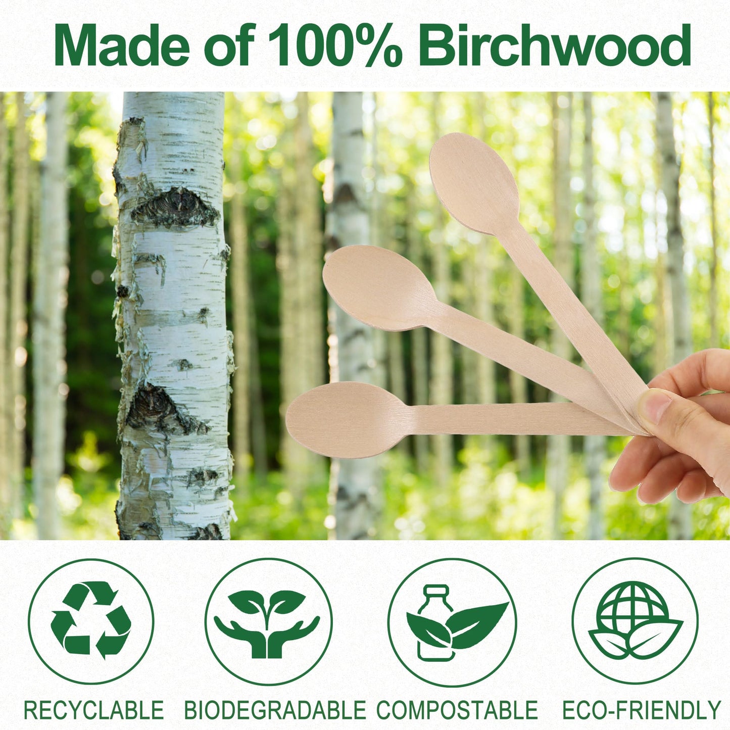 Disposable Wooden Spoons, 6.25 inch Wood Cutlery Spoons, Biodegradable Compostable Eco-friendly Birchwood Sampling Tasting Spoons