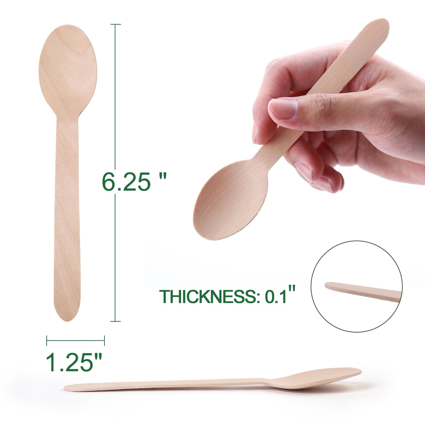 Disposable Wooden Spoons, 6.25 inch Wood Cutlery Spoons, Biodegradable Compostable Eco-friendly Birchwood Sampling Tasting Spoons